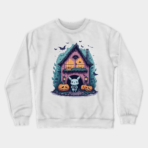 Cute Bunny in Scary Halloween house Crewneck Sweatshirt by Maria Murtaza